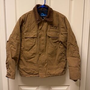Tri-Mountain Insulated Tan Canvas Zip-up Velcro Jacket Corduroy Collar Size S